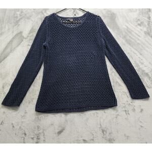 Alfani Sweater Womens M Blue Open Crochet Knit Scoop Neck‎ Pullover Long Sleeves